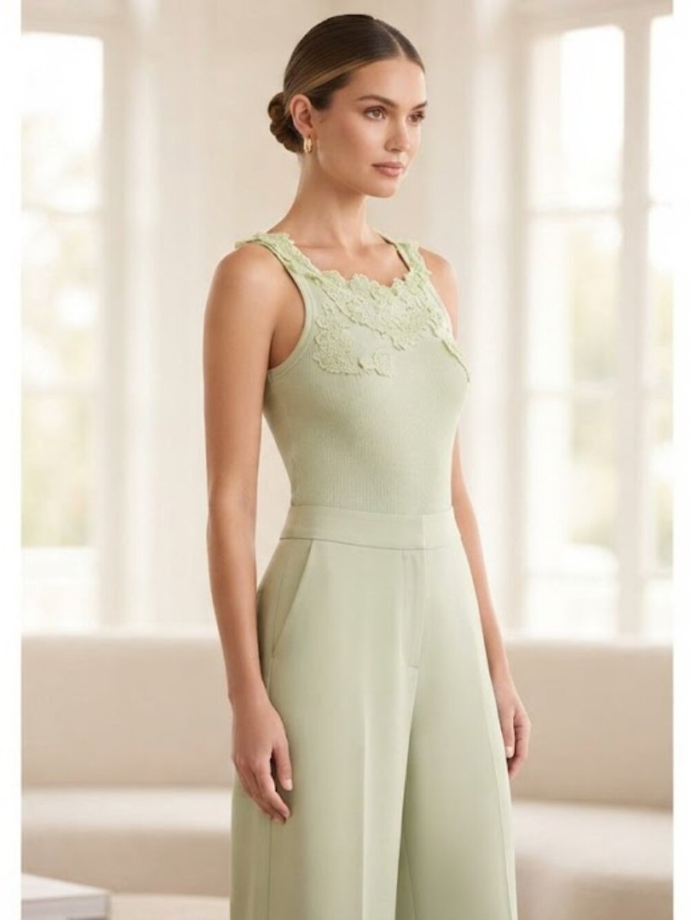 House of Harlow Sage Green Ribbed Knit Tank Top with lace  VGUC